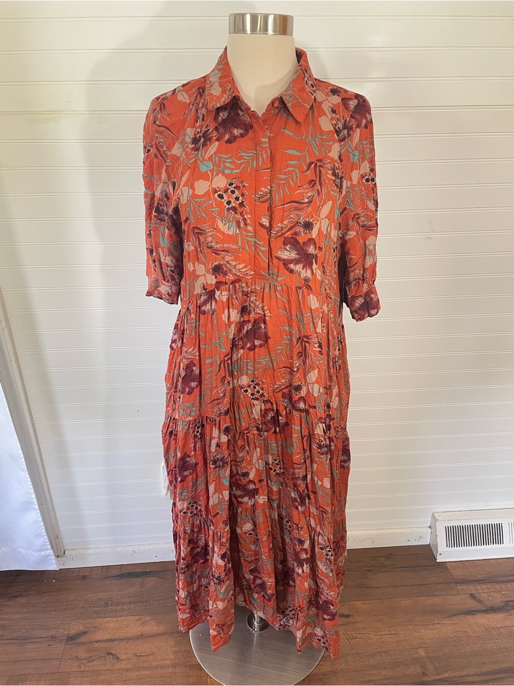Natural Life Rebecca Midi Dress Orange Tropical Floral Size Large Boho Cotton
